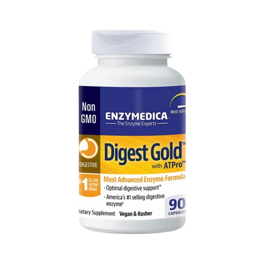 A white bottle of Enzymedica Digest Gold with ATPPro dietary supplement, featuring a blue and yellow label, on a plain white background.