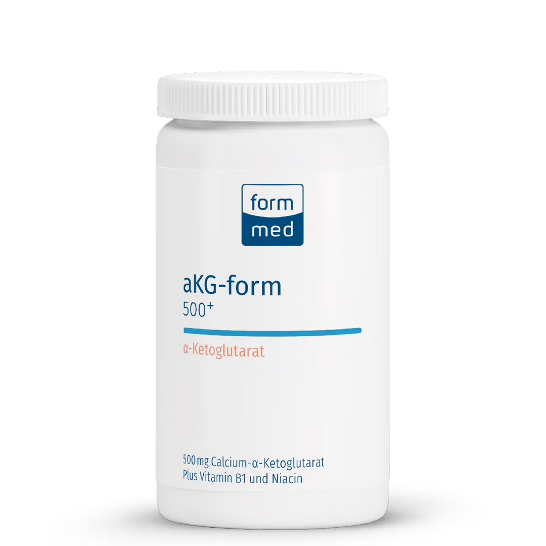 White supplement container labeled 'aKG-form 500+' with 'formed' branding on a transparent background