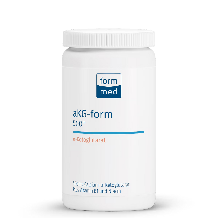 White supplement container labeled 'aKG-form 500+' with 'formed' branding on a transparent background