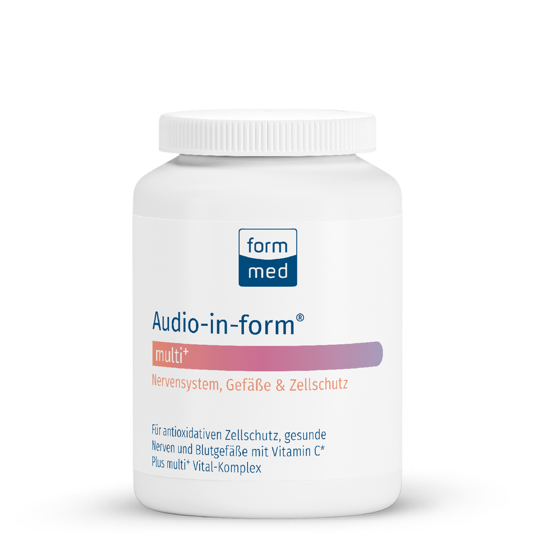 Front view of FormMed Audio-in-Form Multi+ supplement bottle with 120 vegan capsules for nervous system, vascular, and inner ear cell support.