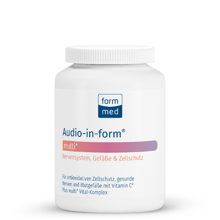 Front view of FormMed Audio-in-Form Multi+ supplement bottle with 120 vegan capsules for nervous system, vascular, and inner ear cell support.