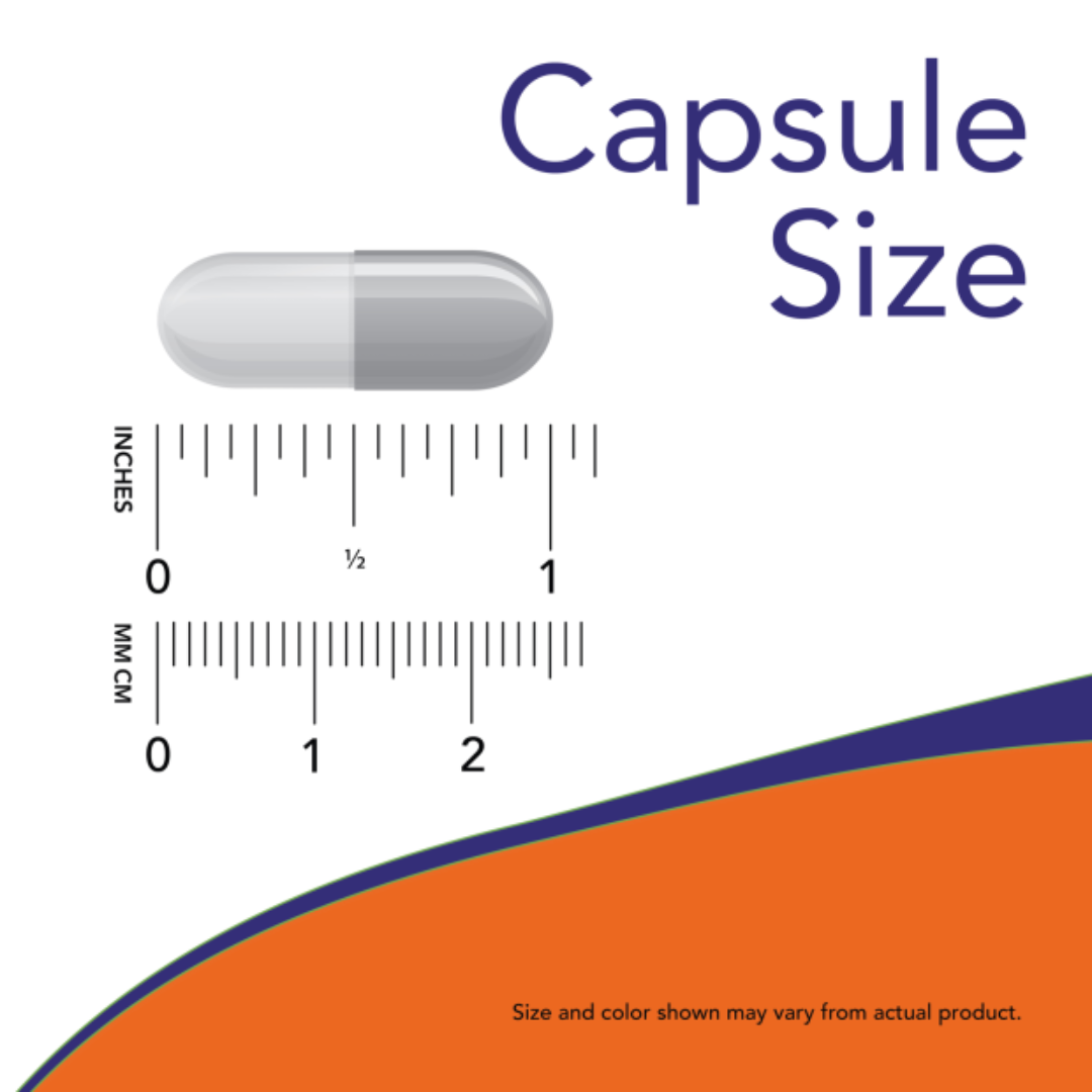Measurement chart showing a capsule and a ruler for size reference, with an orange and blue curved design element.