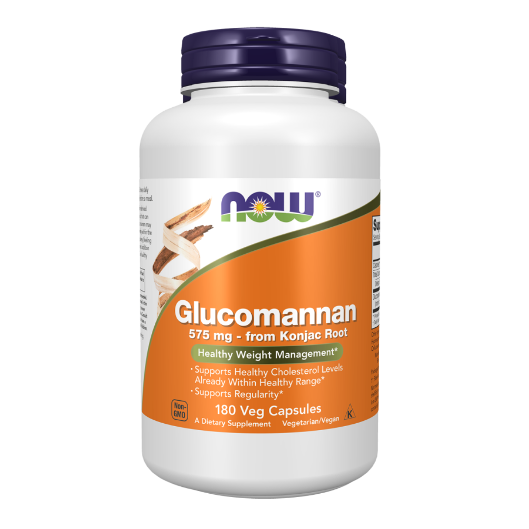 Supplement bottle labeled 'Glucomannan' with Now Foods branding on a white background