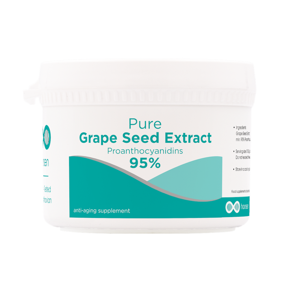 Container of Pure Grape Seed Extract with Proanthocyanidins 95% on a white background
