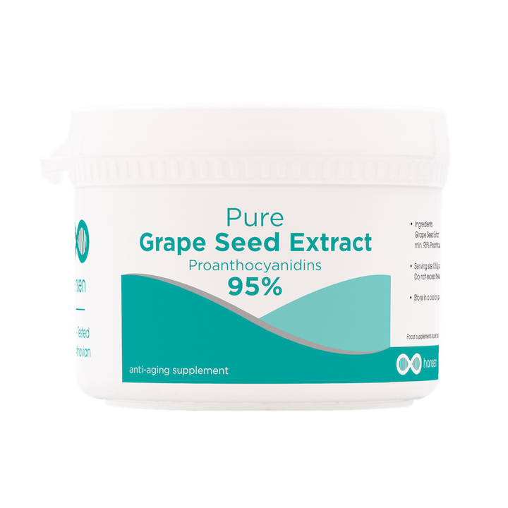 Container of Pure Grape Seed Extract with Proanthocyanidins 95% on a white background