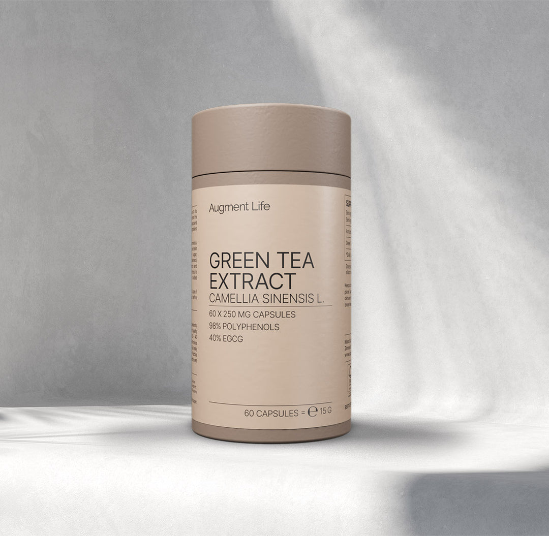 Front view of Augment Life Green Tea Extract 60 Capsules – 250 mg, 40% EGCG, Camellia Sinensis L. Premium antioxidant supplement packaging.
