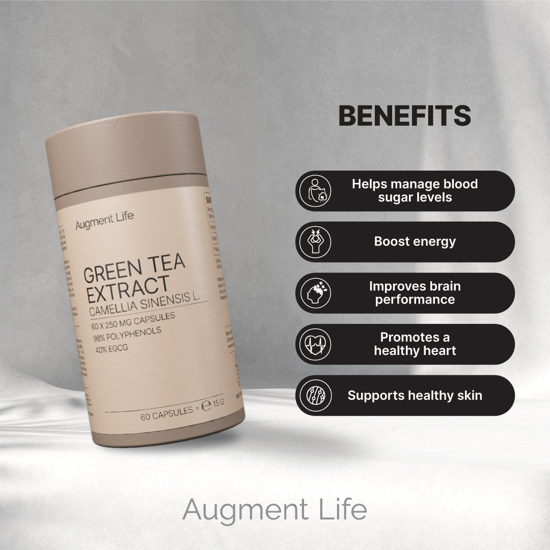 Augment Life Green Tea Extract supplement bottle with benefits listed on a gray background