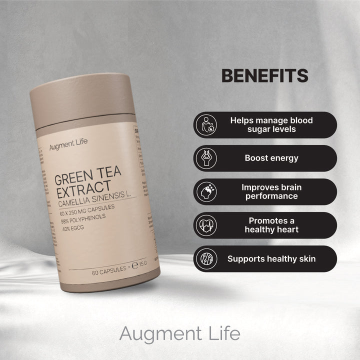 Augment Life Green Tea Extract supplement bottle with benefits listed on a gray background