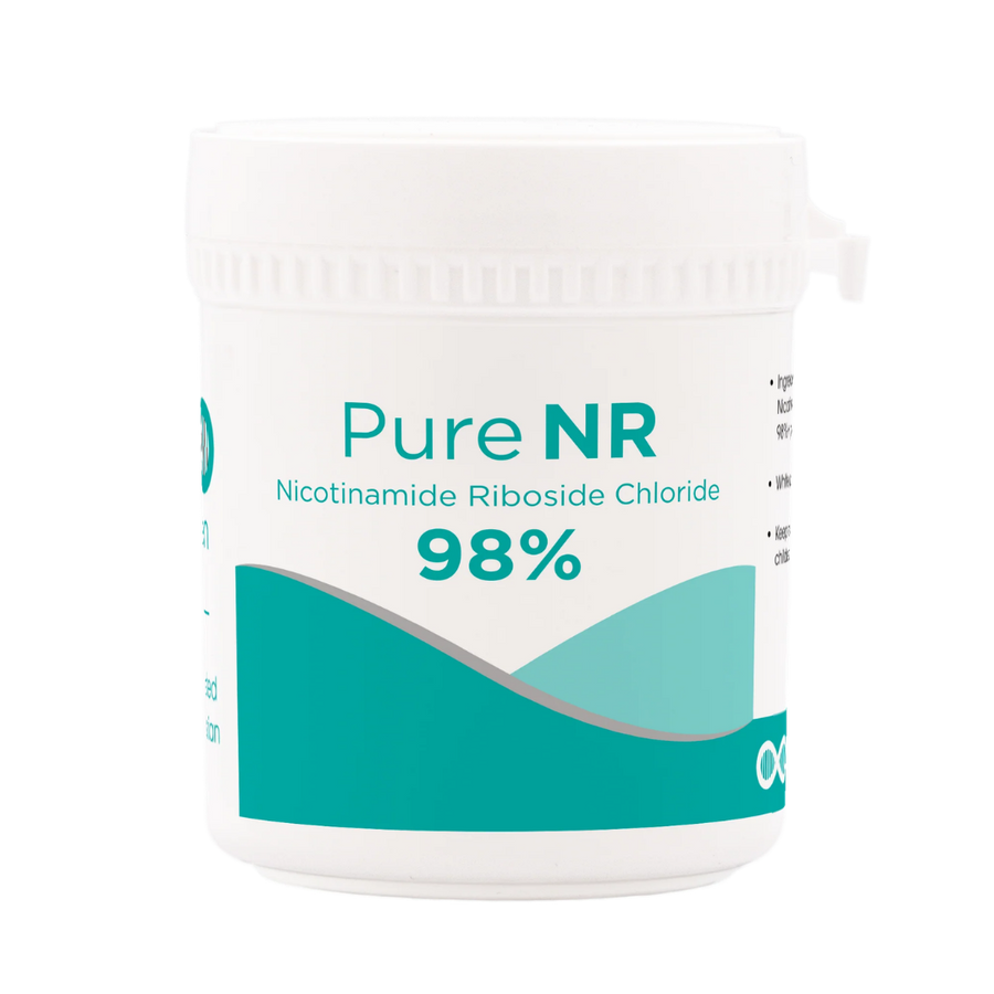 Hansen NR 98% Nicotinamide Riboside powder front label on transparent background