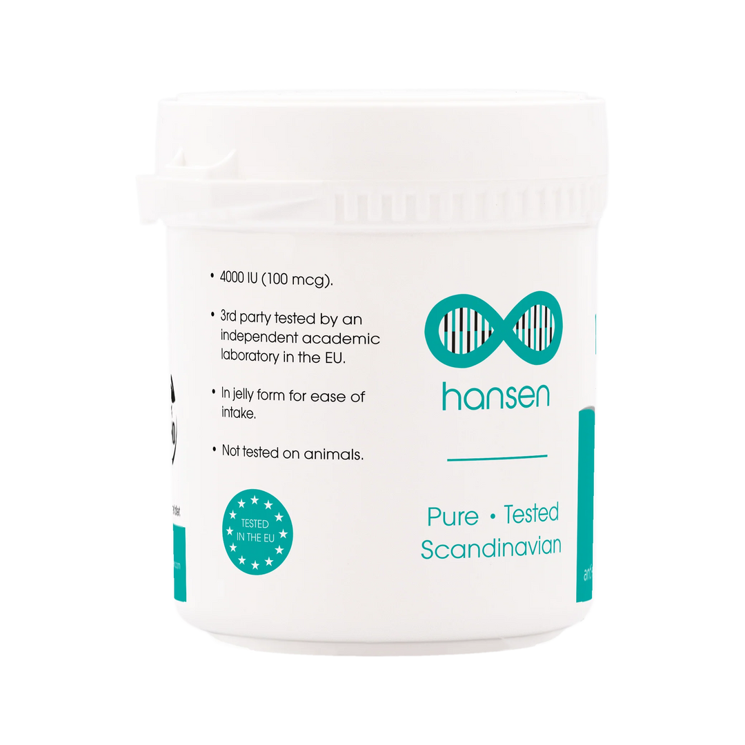 A white plastic jar of Hansen Pure Tested Scandinavian jelly form, featuring teal and black text and logo on a clean white background.