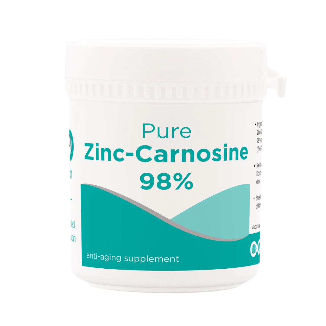 Hansen Zinc-Carnosine 98% Pure Powder – Front packaging, distributed by O-BIOTIQUE Greece & Cyprus