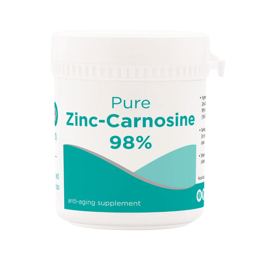Container of Pure Zinc-Carnosine 98% supplement on a white background