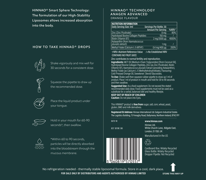 Back of a HINNAO product packaging with text, instructions, and a barcode on a dark green background.