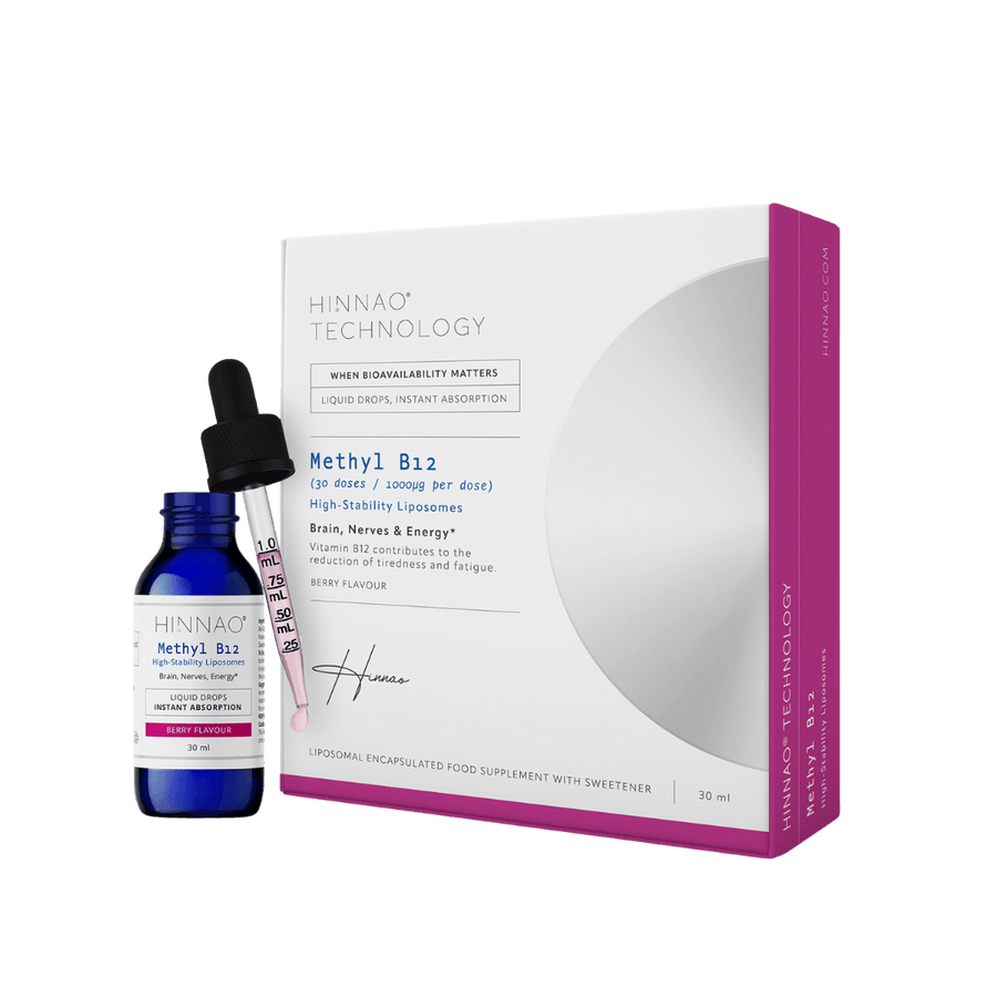 HINNAO Methyl B12 – bottle, box, and dropper of liquid B12 supplement for energy, mood, and brain support on transparent background