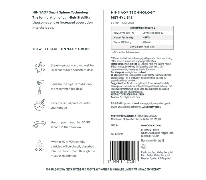 Back label of HINNANO drops with text and icons on a white background
