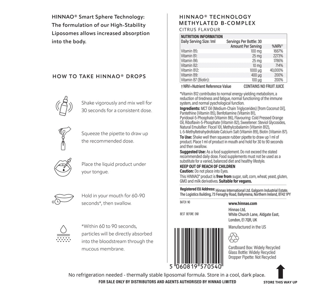 Back label of HINNAAO supplement bottle with text and icons on a white background