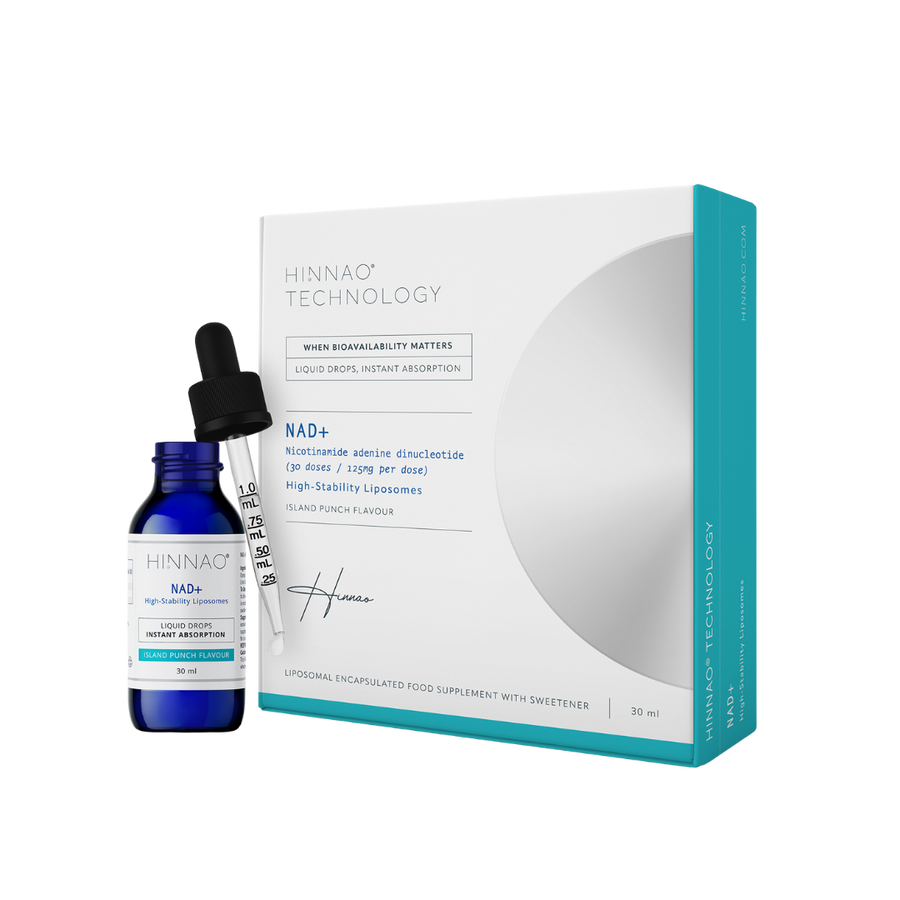 HINNAO NAD+ supplement packaging with box, bottle, and dropper