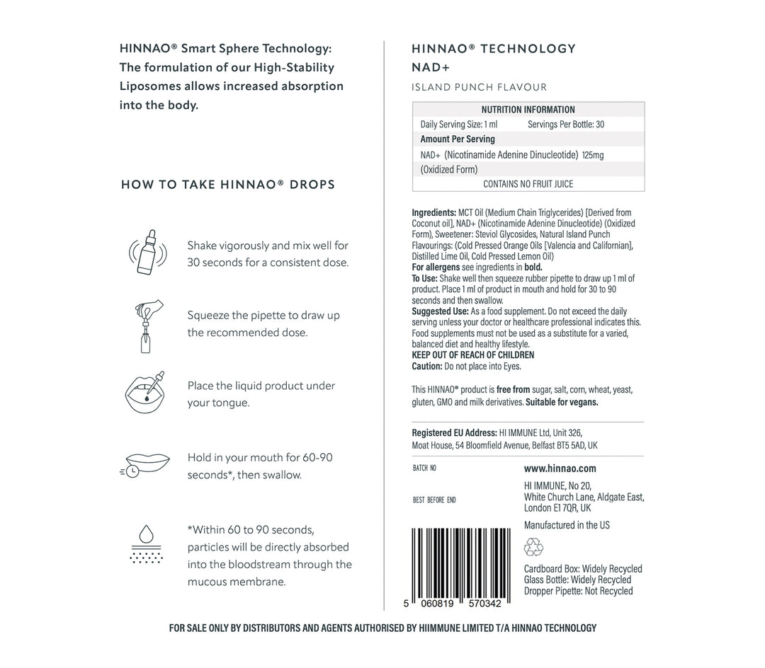 Close-up of HINNAO NAD+ supplement ingredients and nutritional information