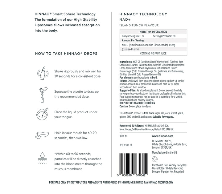Close-up of HINNAO NAD+ supplement ingredients and nutritional information