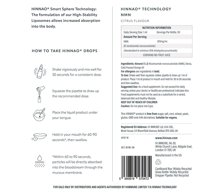 Back of a HINNAA supplement bottle with text, nutrition information, and usage instructions.