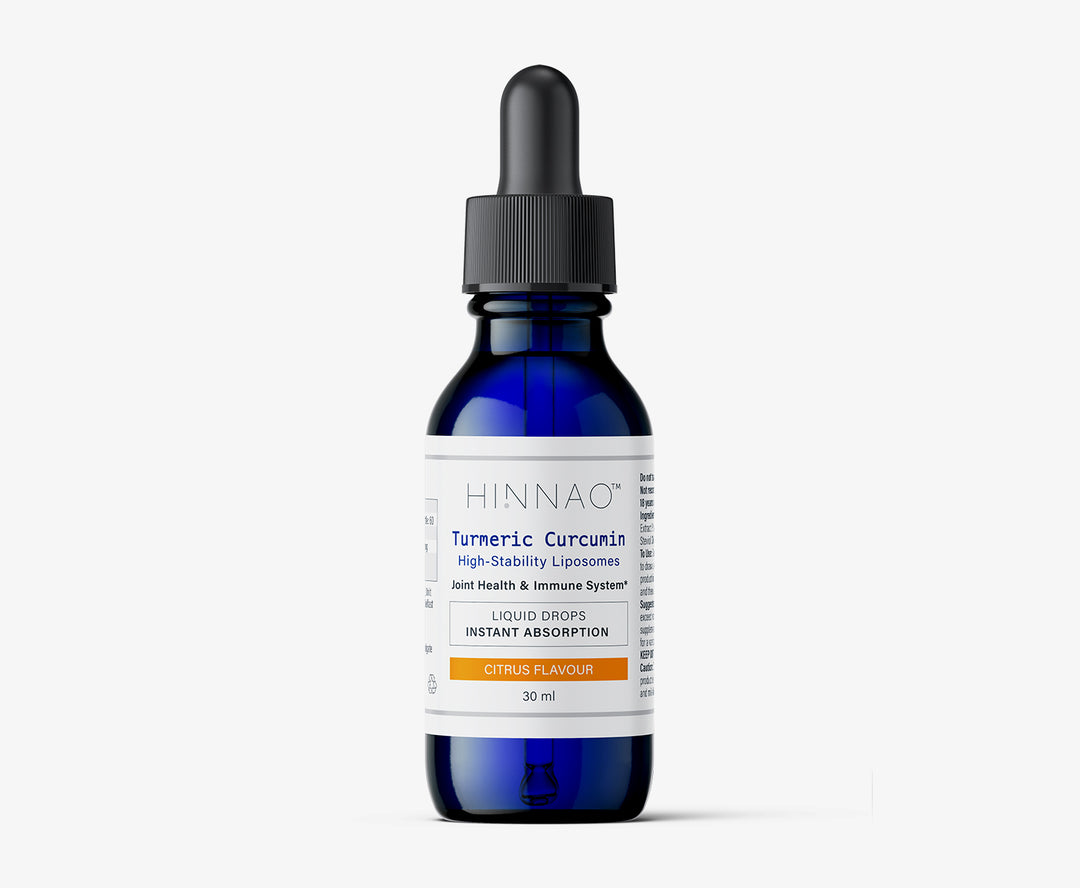 Blue bottle labeled 'HINNAO' on a white background