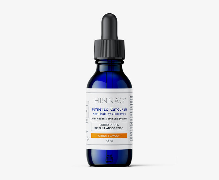 Blue bottle labeled 'HINNAO' on a white background