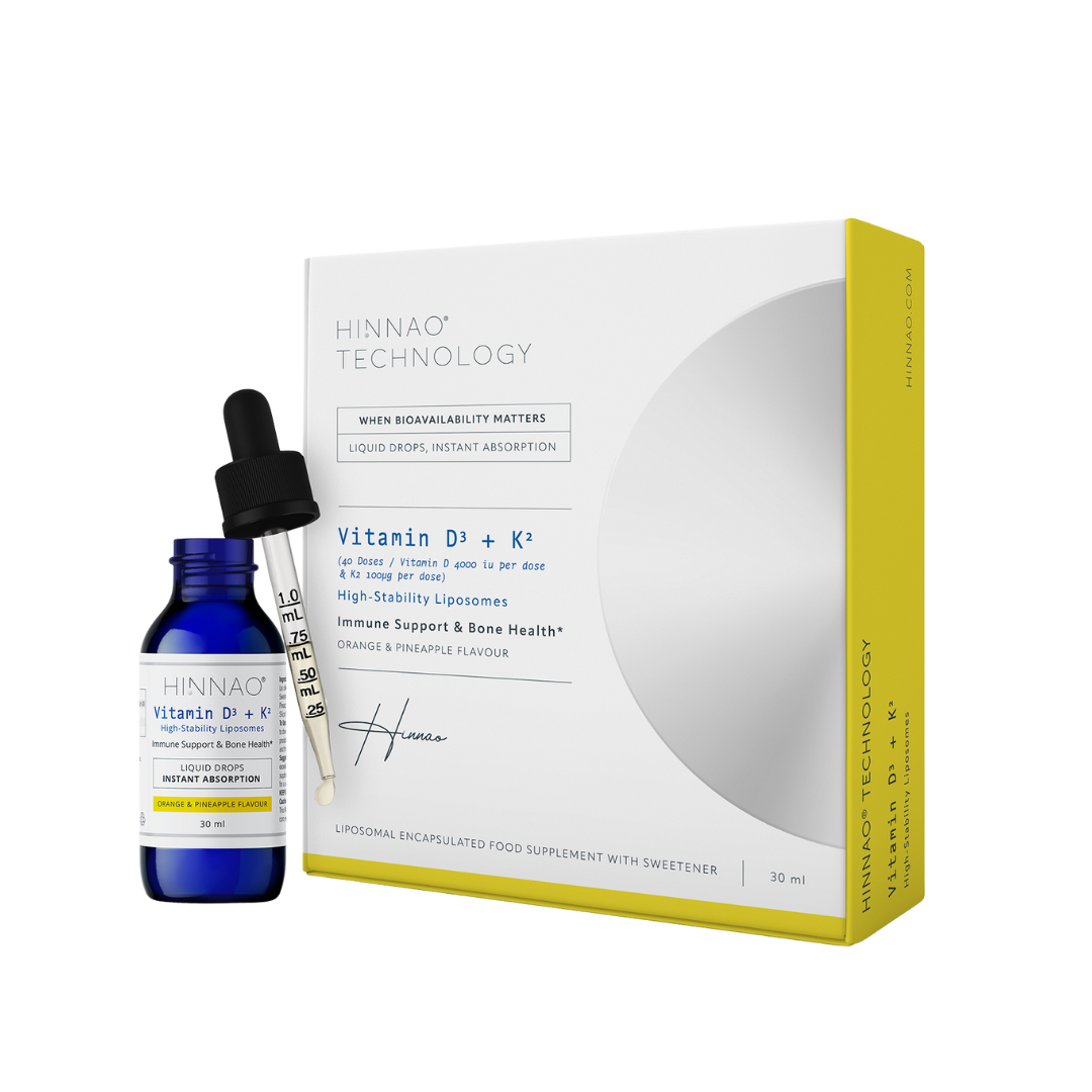 Hinnao Vitamin D3 + K2 supplement bottle and dropper with packaging on a white background