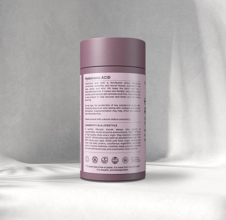 Side view of Hyaluronic Acid 200mg 120 Capsules bottle – natural beauty and joint wellness supplement