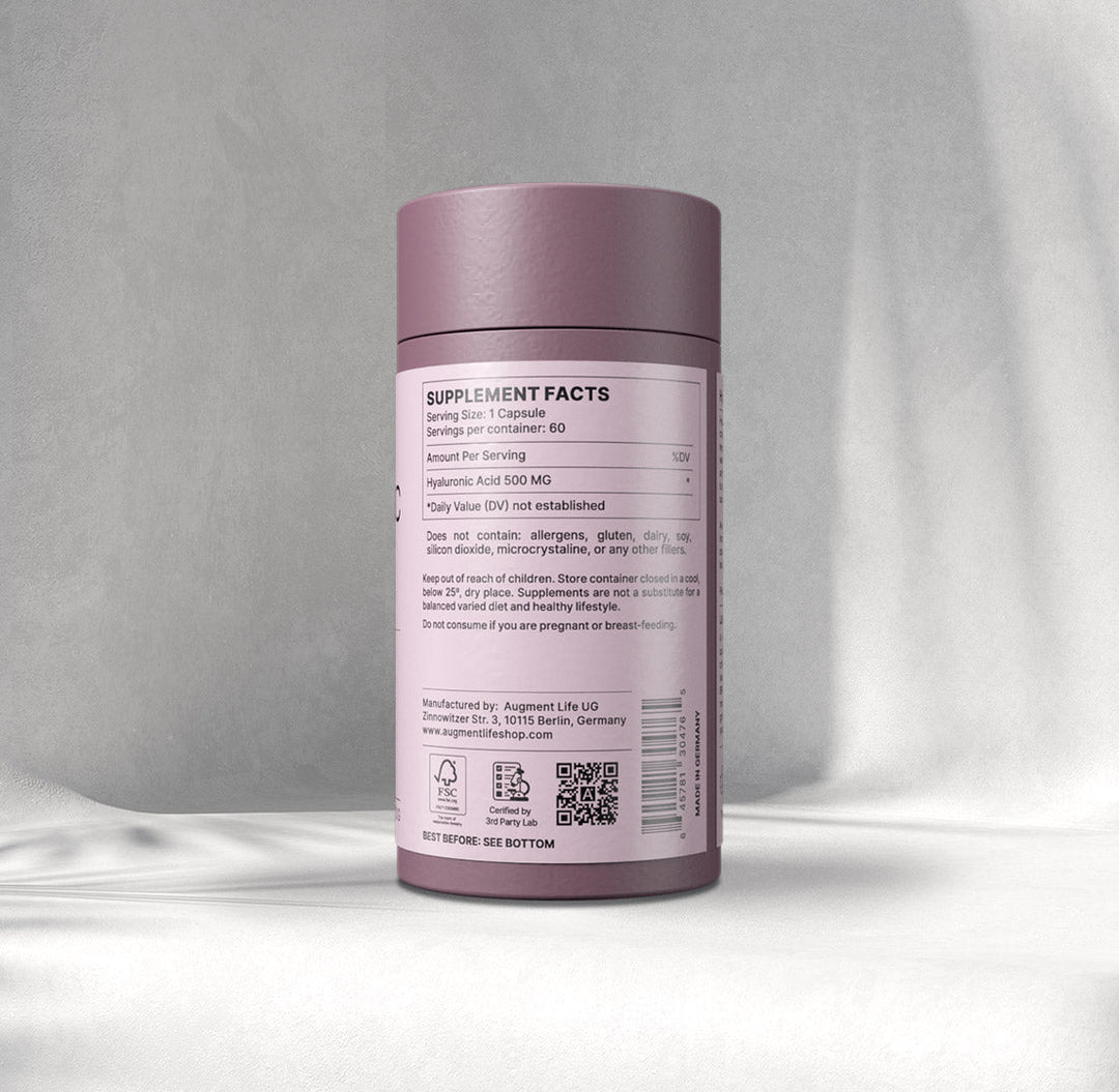 Back label of Hyaluronic Acid 200mg capsules showing ingredients and usage instructions