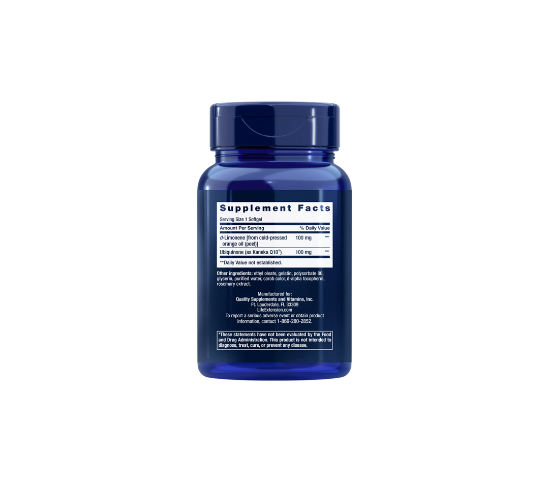 Life Extension CoQ10 100mg supplement facts and ingredients label showing ubiquinone and d-Limonene content