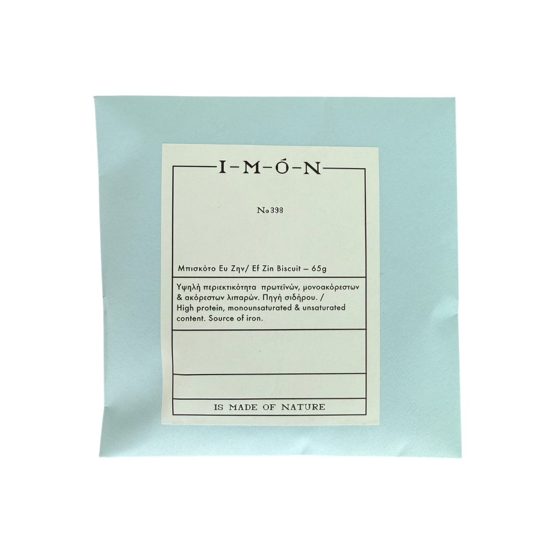 Product packaging with a label on a light blue background