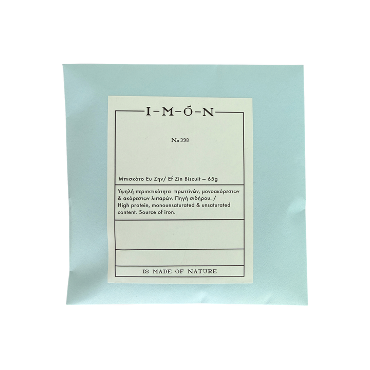 Product packaging with a label on a light blue background
