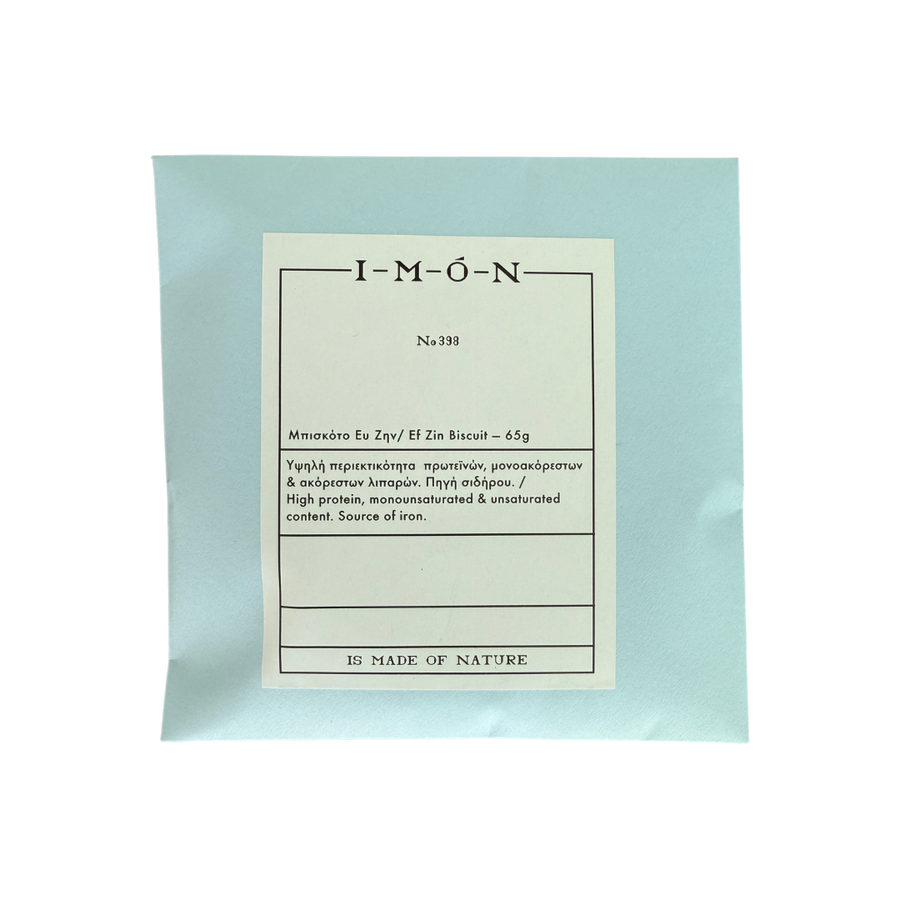 Product packaging with a label on a light blue background