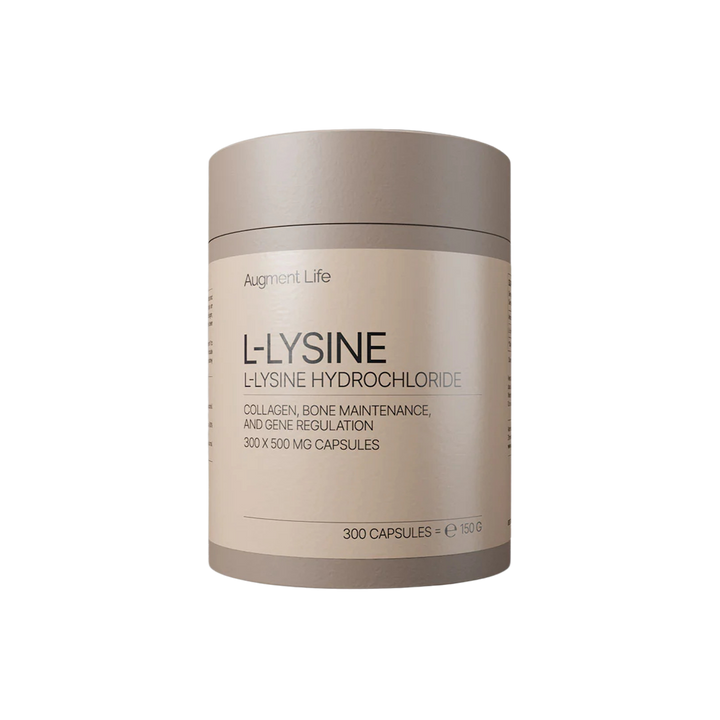 Beige container of L-Lysine supplement on a white background