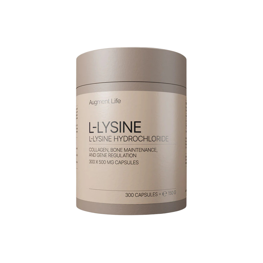 Beige container of L-Lysine supplement on a white background