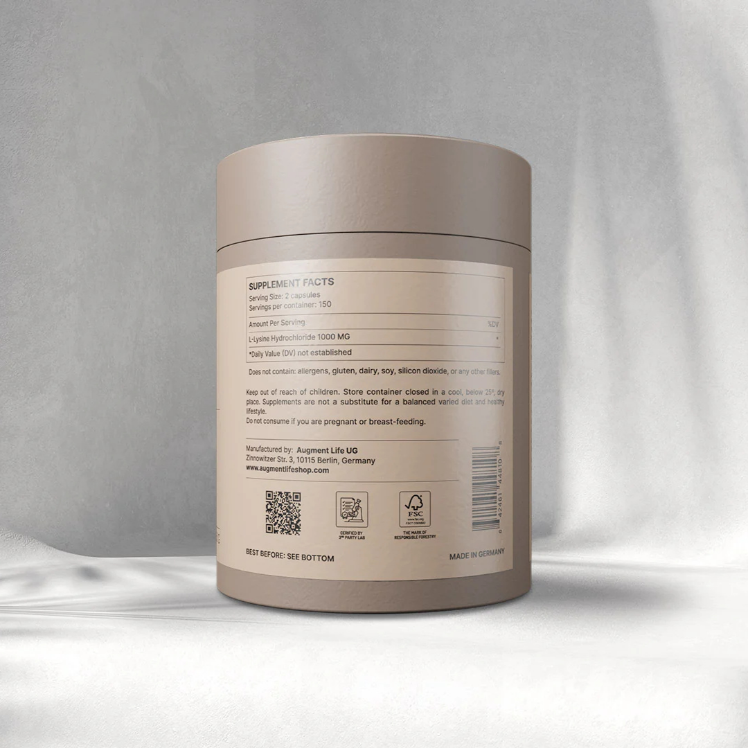 Back view of a supplement container with label on a gray background