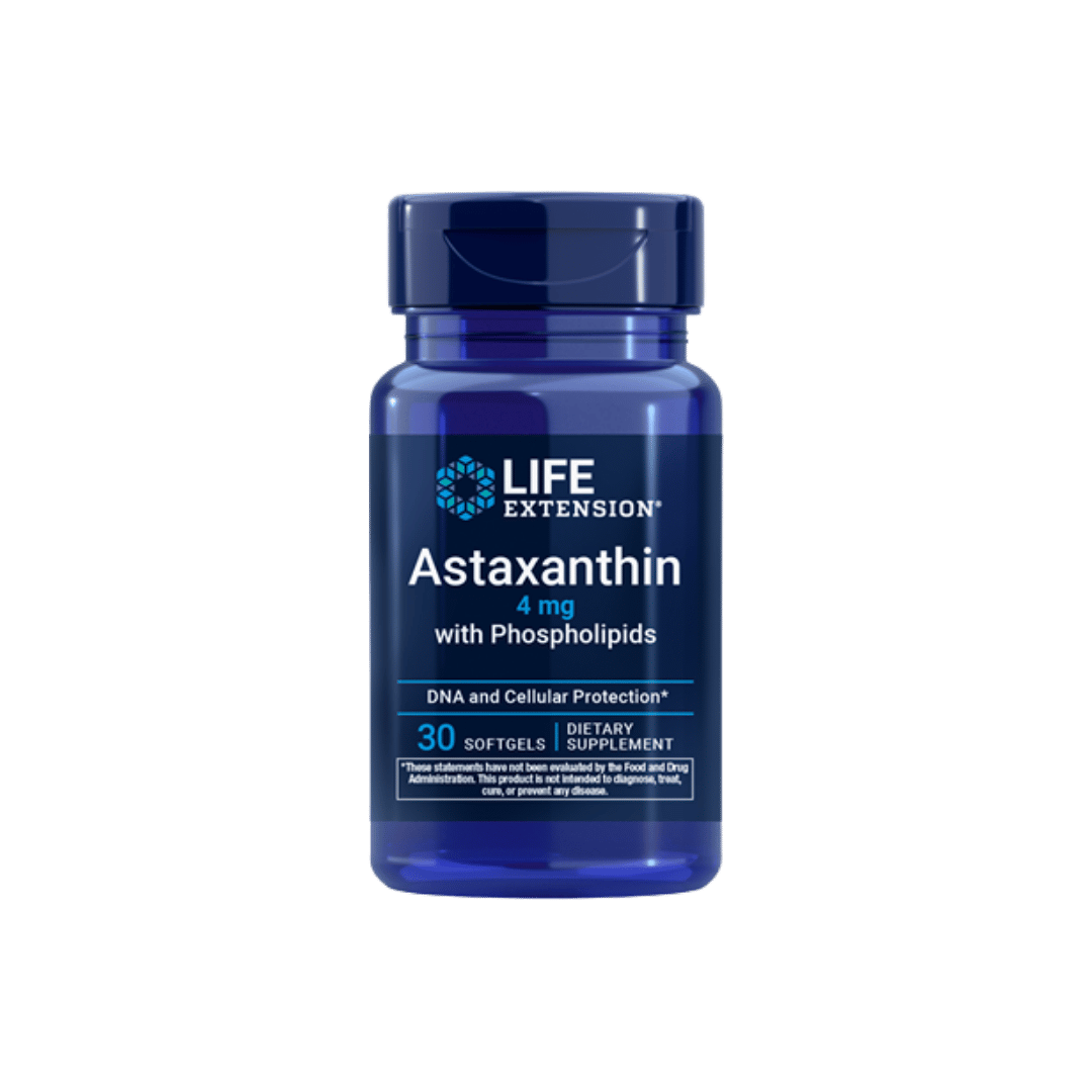 A blue bottle of Life Extension Astaxanthin dietary supplement with 30 softgels, shown against a solid dark green background.