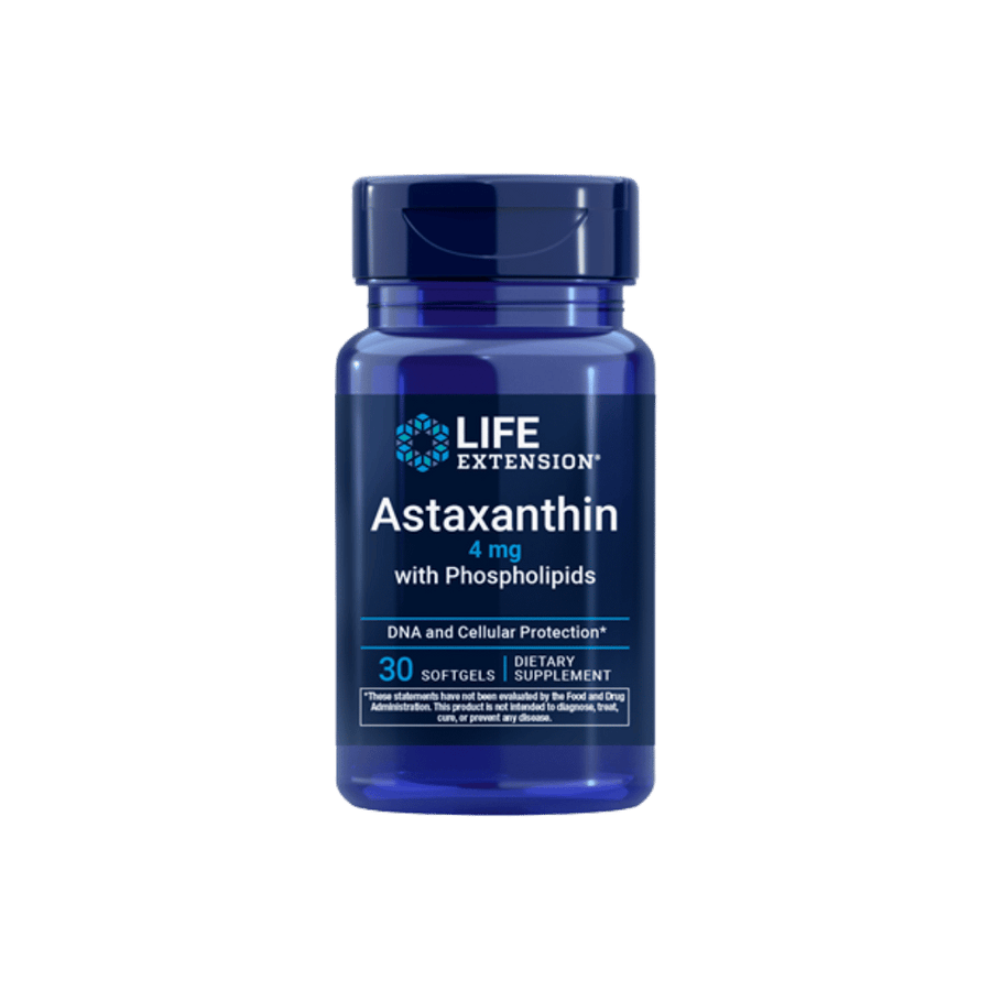 A blue bottle of Life Extension Astaxanthin dietary supplement with 30 softgels, shown against a solid dark green background.