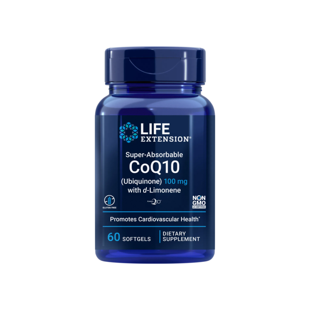 Life Extension CoQ10 100mg with d-Limonene supplement bottle front view - 60 softgels for enhanced cellular energy support