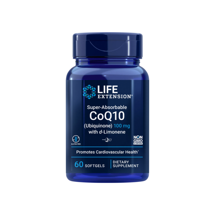 Life Extension CoQ10 100mg with d-Limonene supplement bottle front view - 60 softgels for enhanced cellular energy support