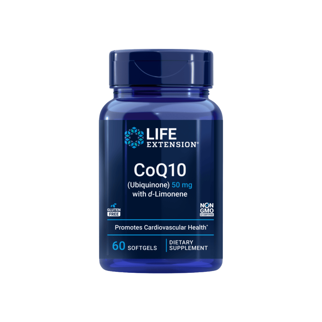 Life Extension CoQ10 50mg with d-Limonene supplement bottle front view - 60 softgels for cellular energy and cardiovascular health