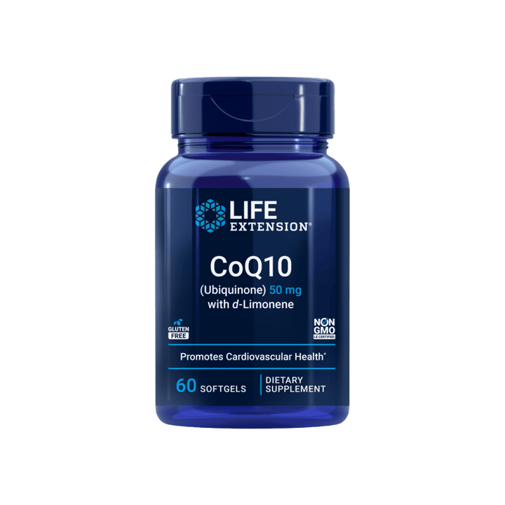 Life Extension CoQ10 50mg with d-Limonene supplement bottle front view - 60 softgels for cellular energy and cardiovascular health