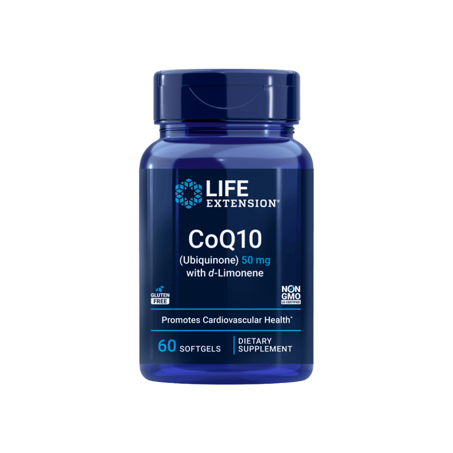 Life Extension CoQ10 50mg with d-Limonene supplement bottle front view - 60 softgels for cellular energy and cardiovascular health