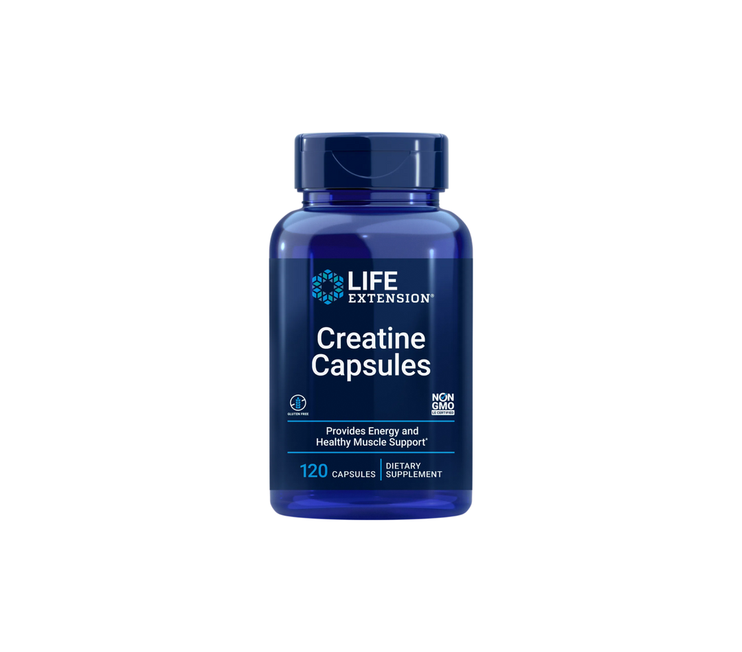 Blue bottle of Life Extension Creatine Capsules on a transparent background