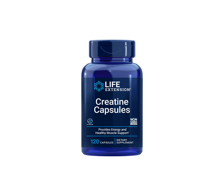 Blue bottle of Life Extension Creatine Capsules on a transparent background