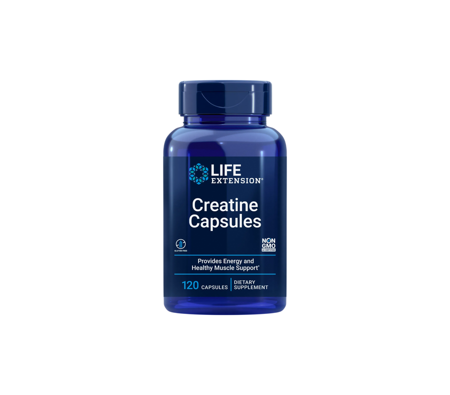 Blue bottle of Life Extension Creatine Capsules on a transparent background