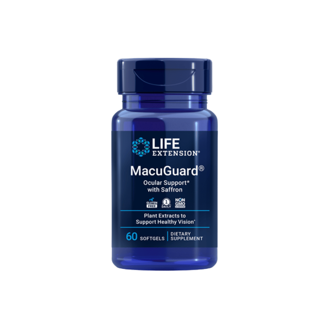 A blue bottle of Life Extension MacuGuard Ocular Support with Saffron dietary supplement, centered on a solid dark green background.