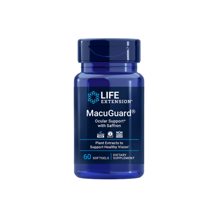 A blue bottle of Life Extension MacuGuard Ocular Support with Saffron dietary supplement, centered on a solid dark green background.