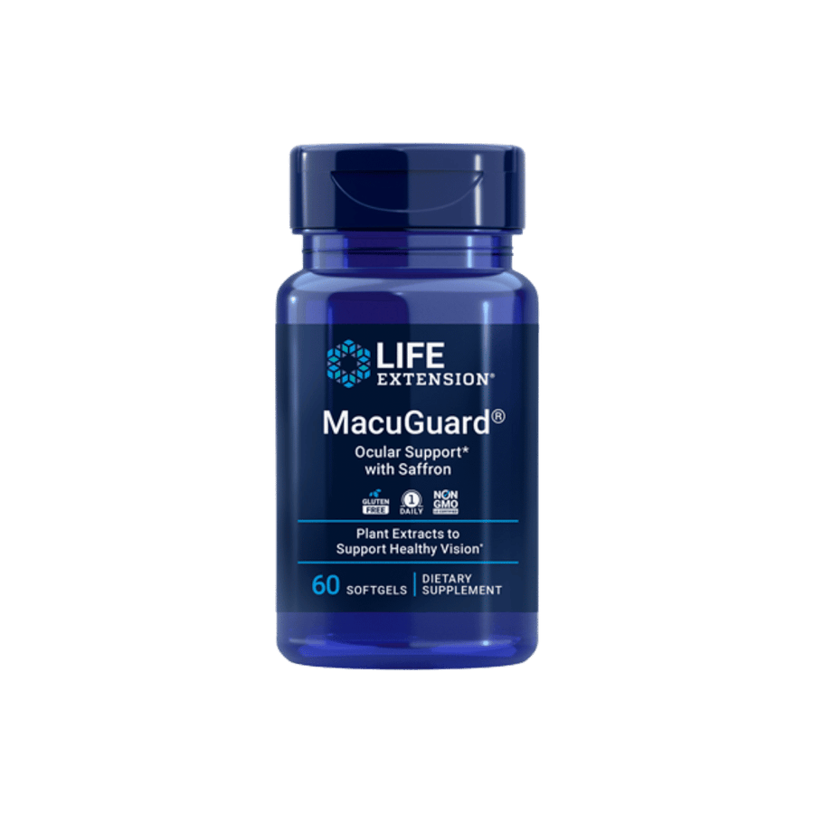 A blue bottle of Life Extension MacuGuard Ocular Support with Saffron dietary supplement, centered on a solid dark green background.