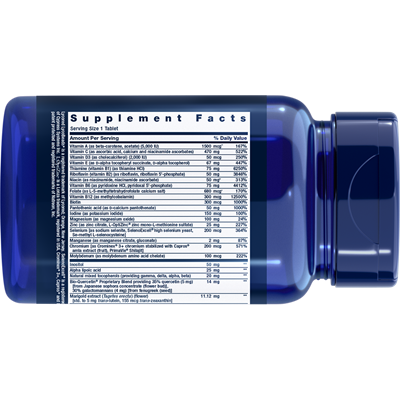 A blue plastic bottle of dietary supplements shown from the side, displaying the Supplement Facts label on a white background.